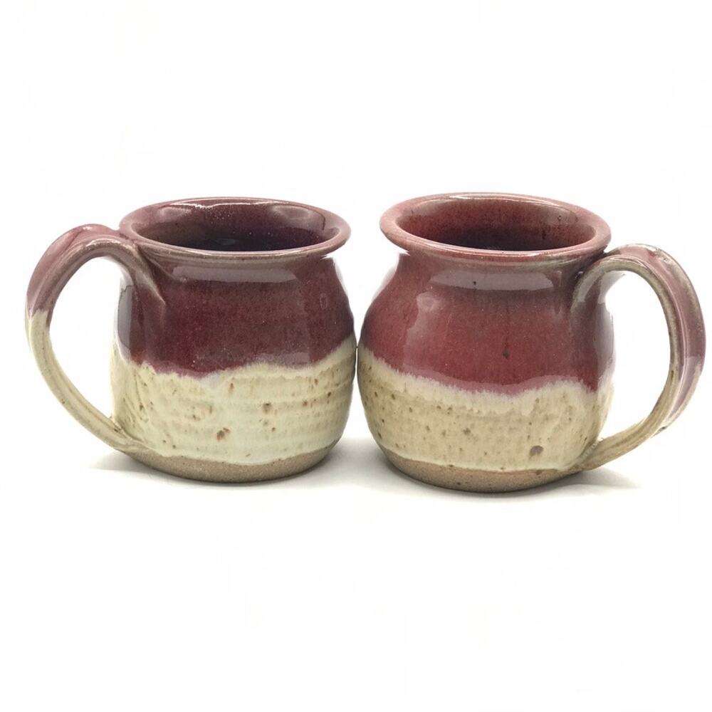 Stoneware Coffee Tea Mugs Set of 2 Hand Made Brown & Tan Glazed Signed